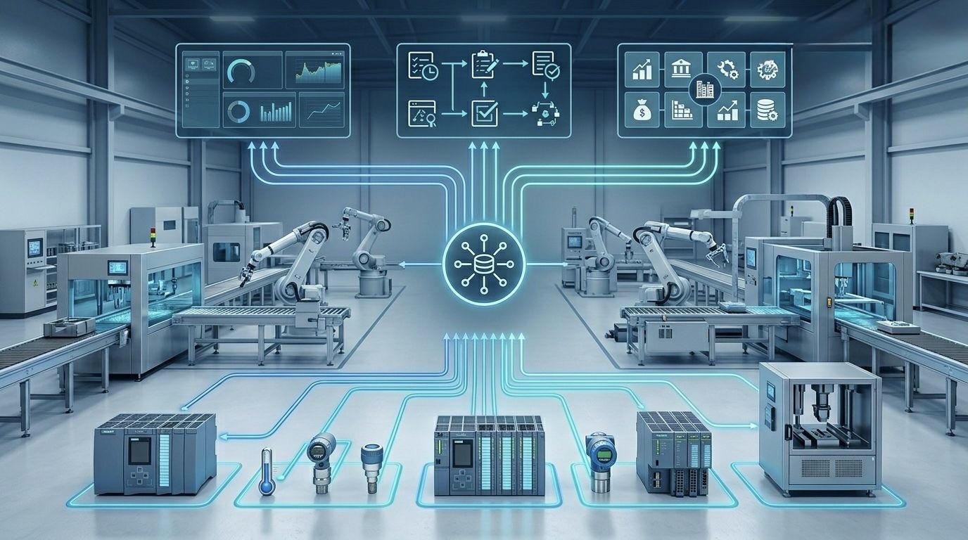 三惟科技 OPC Server 工業網路通訊架構示意圖：串接 PLC 與 MES/SCADA 系統